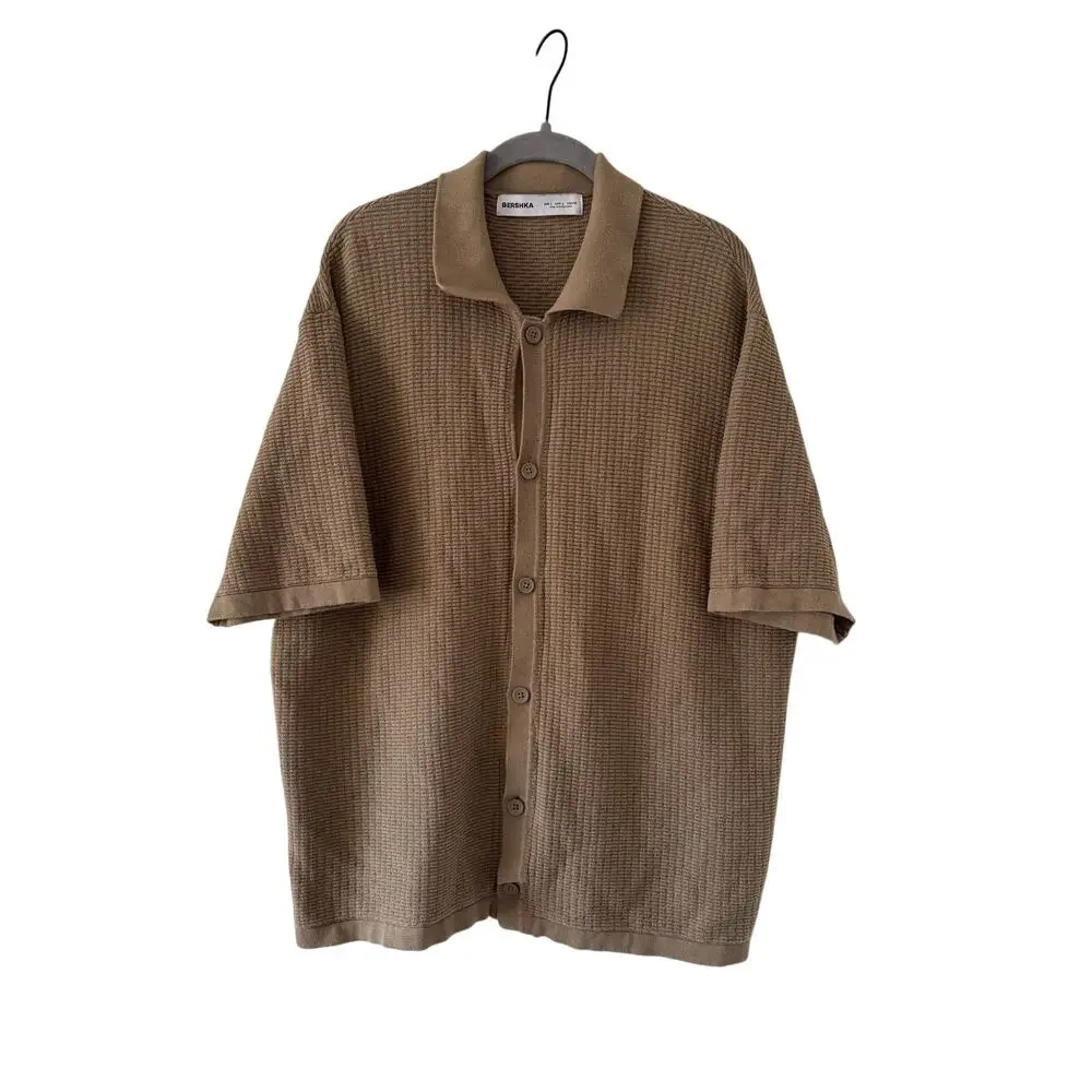 Bershka Mens Knit Polo Cardigan Shirt Brown Textured Button Front Size L EU - Picture 2 of 8